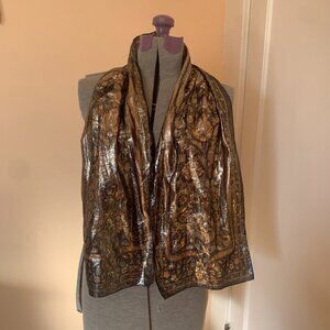 VTG Scarf Boho Floral Print Metallic Lurex Shiny Black Browns Fancy 26.5 x 10"